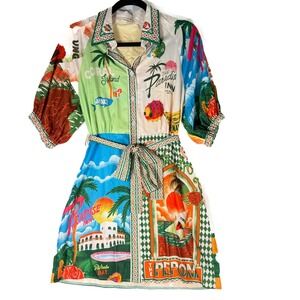 Sunday Up Tropical Print Dress Button Down Shirt Dress  sz M coquette resortwear